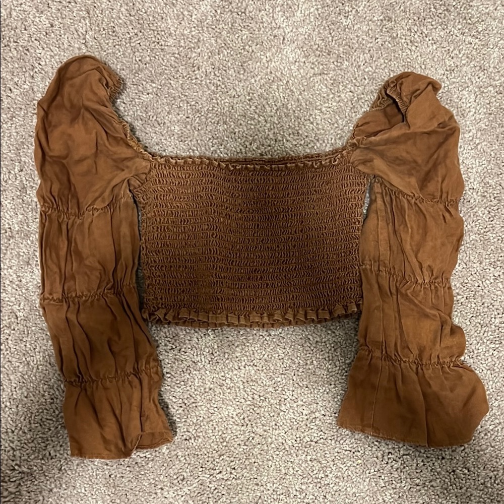 Brown reformation crop top puffy sleeves